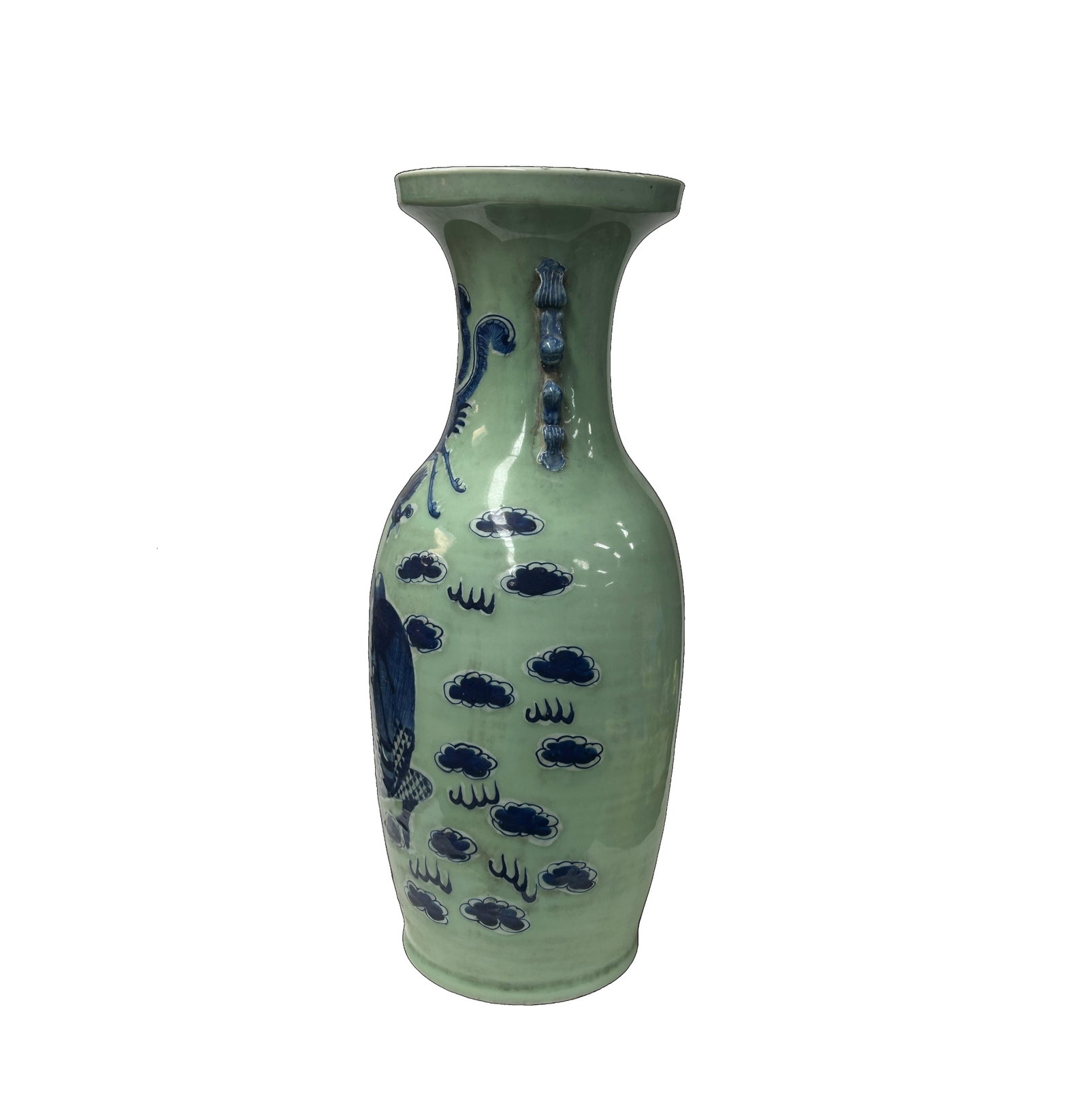 Pair Chinese Light Celadon Blue Kirin Graphic Tall Porcelain Art Vases - 7
