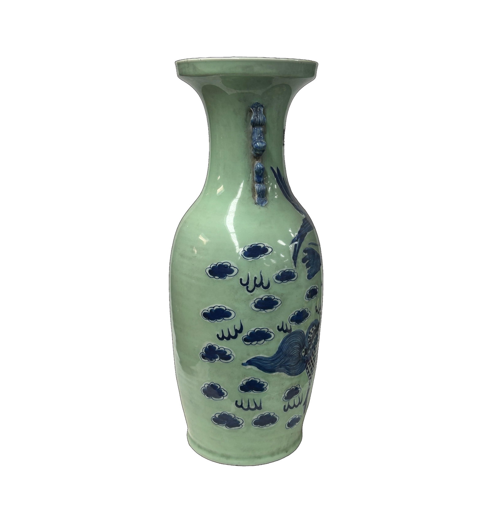 Pair Chinese Light Celadon Blue Kirin Graphic Tall Porcelain Art Vases - 8