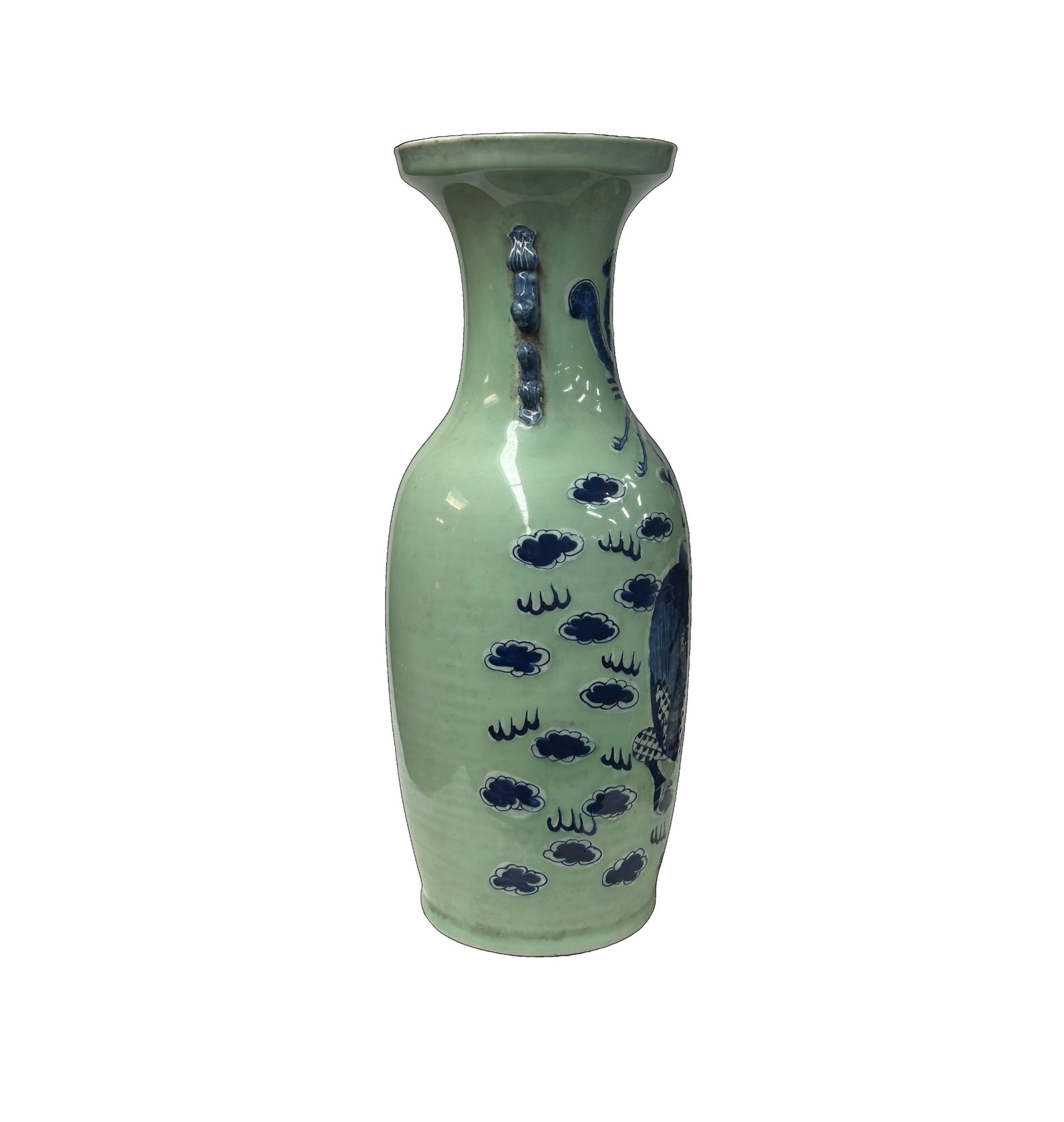Pair Chinese Light Celadon Blue Kirin Graphic Tall Porcelain Art Vases - 9