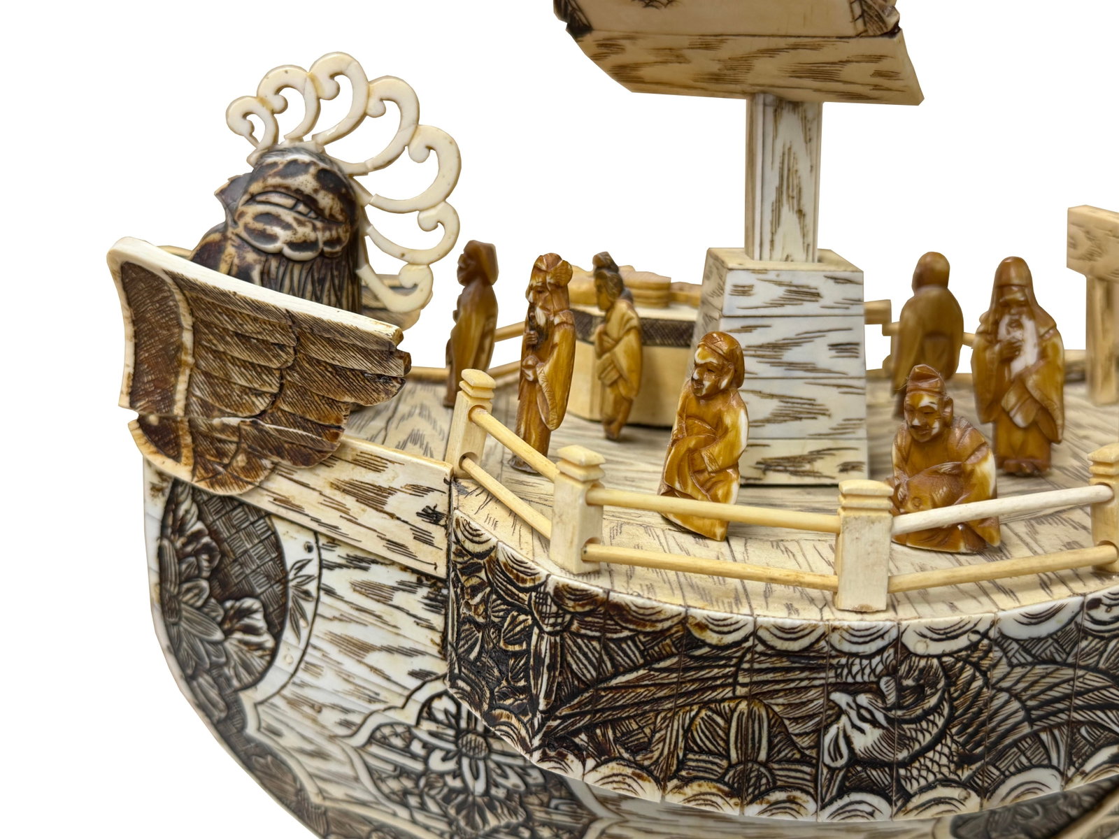 Vintage Asian Cream Bone Inset Treasure Ship Display Art Figure - 10