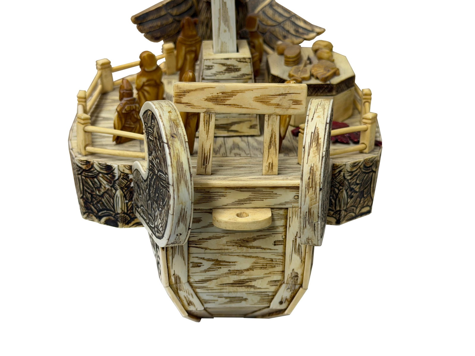 Vintage Asian Cream Bone Inset Treasure Ship Display Art Figure - 13
