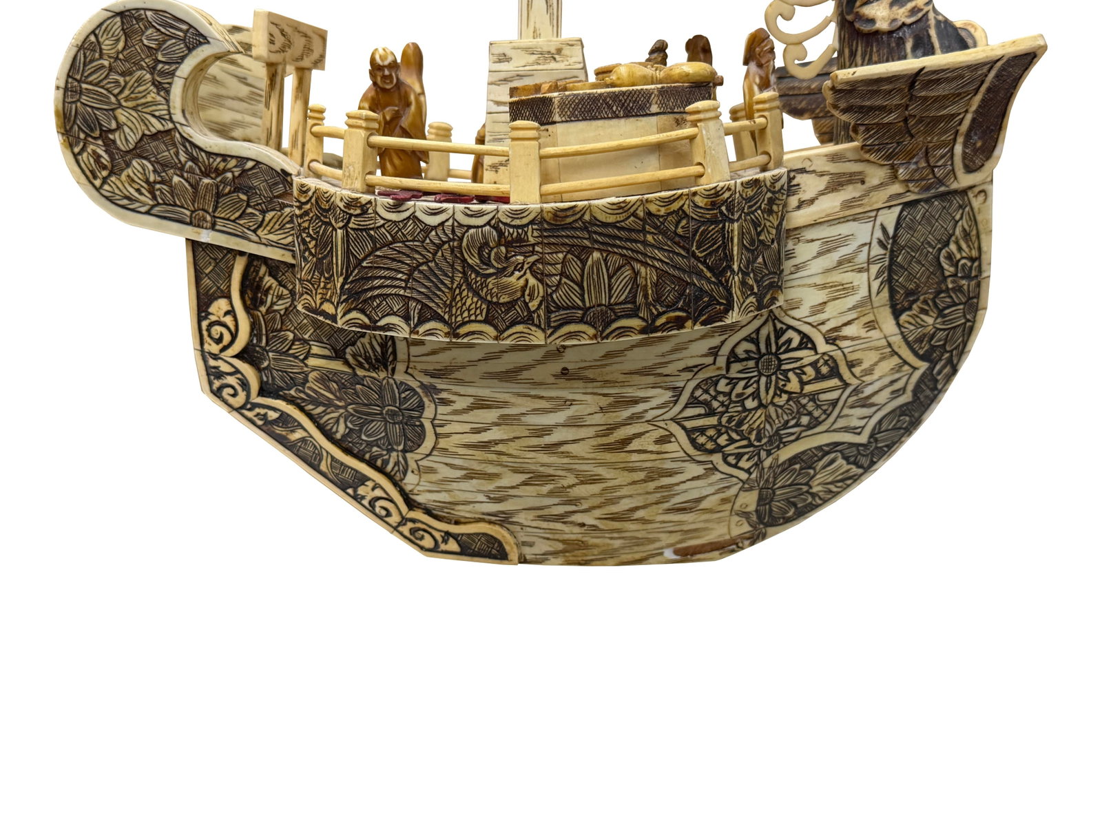 Vintage Asian Cream Bone Inset Treasure Ship Display Art Figure - 14