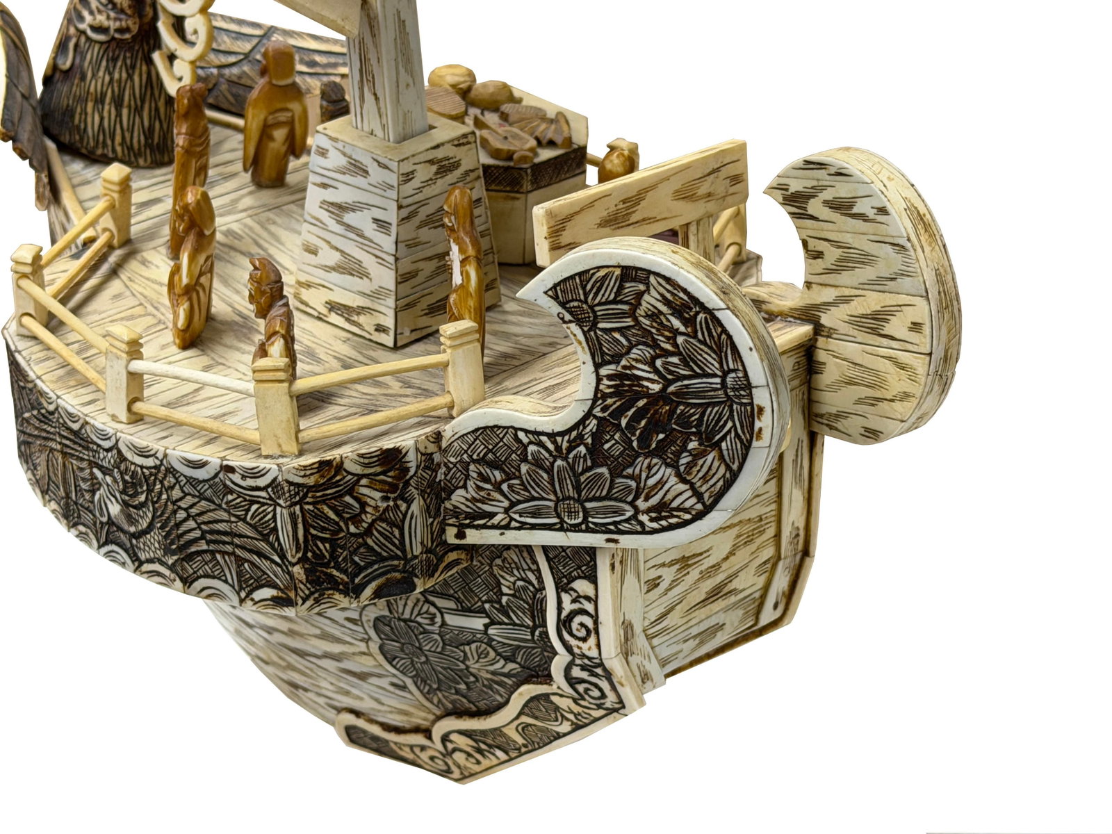 Vintage Asian Cream Bone Inset Treasure Ship Display Art Figure - 15