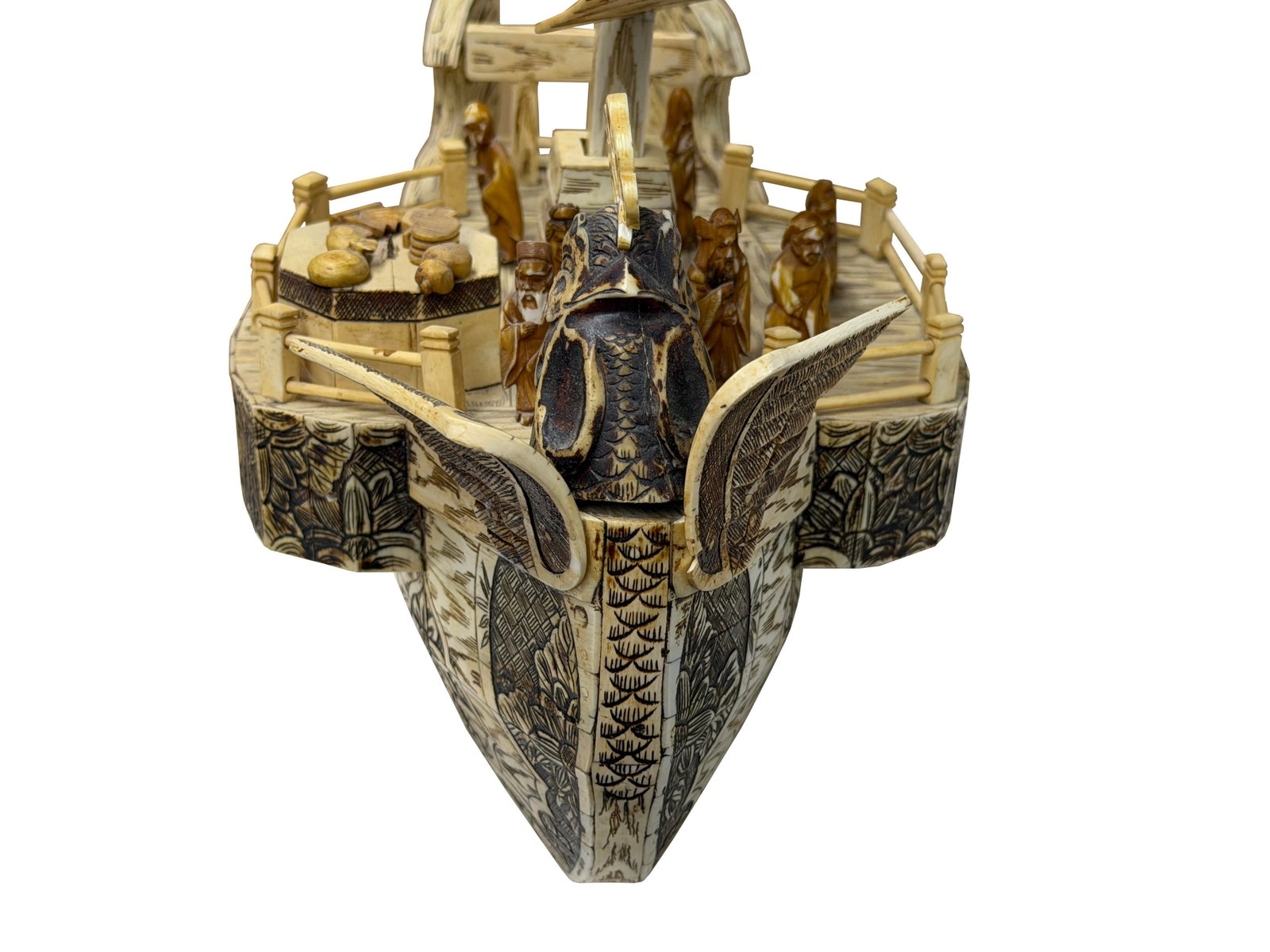 Vintage Asian Cream Bone Inset Treasure Ship Display Art Figure - 16