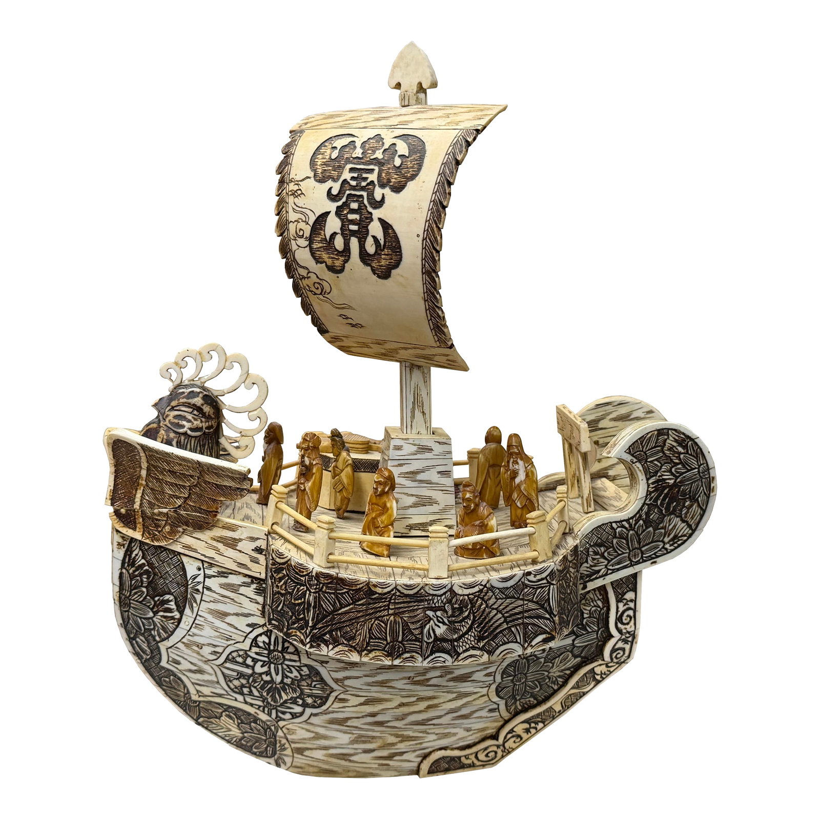 Vintage Asian Cream Bone Inset Treasure Ship Display Art Figure: Capture the essence of prosperity and mythological tradition with this stunning, intricately detailed model of a Takarabune, or "Treasure Ship." This masterful piece features the Seven Lucky Gods