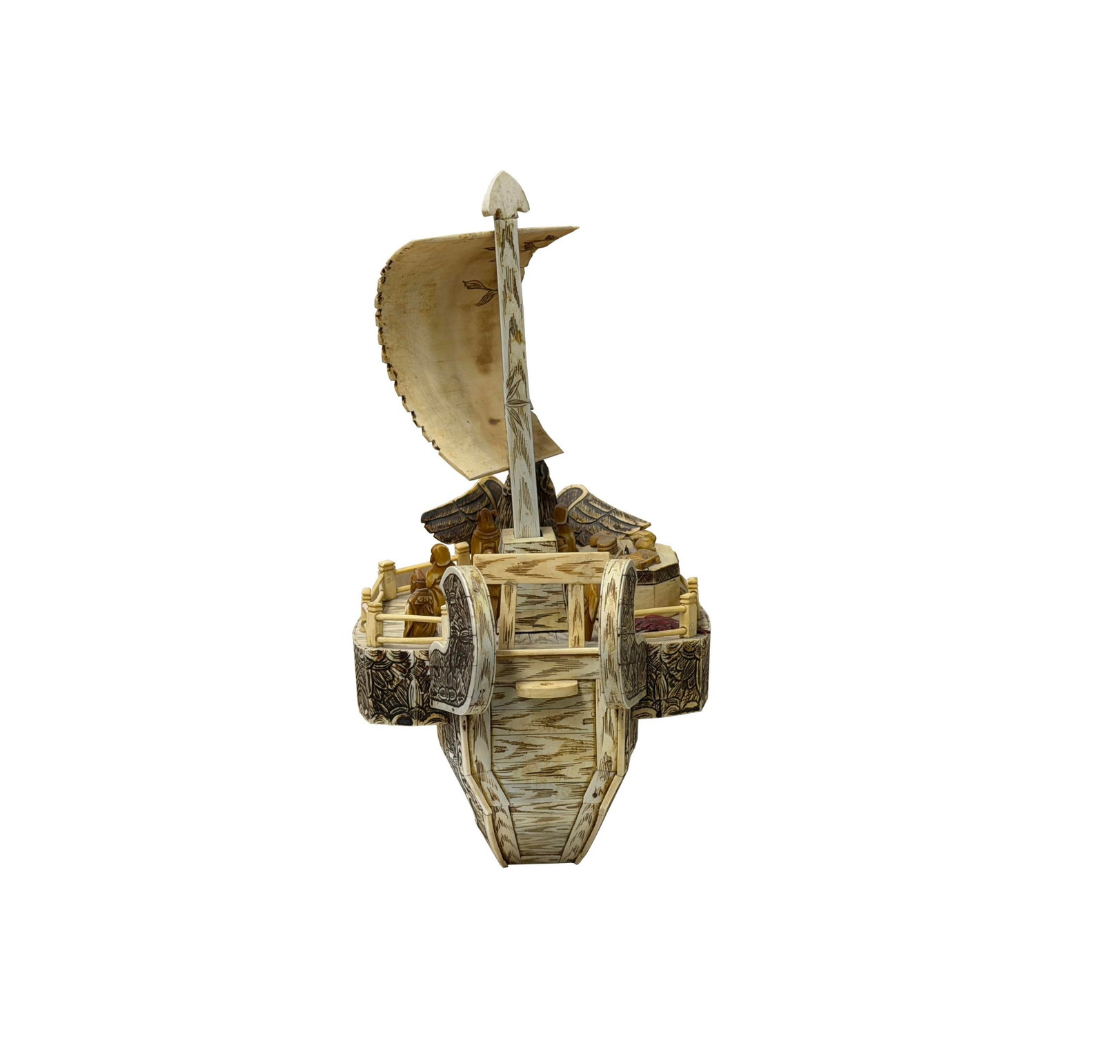 Vintage Asian Cream Bone Inset Treasure Ship Display Art Figure - 2