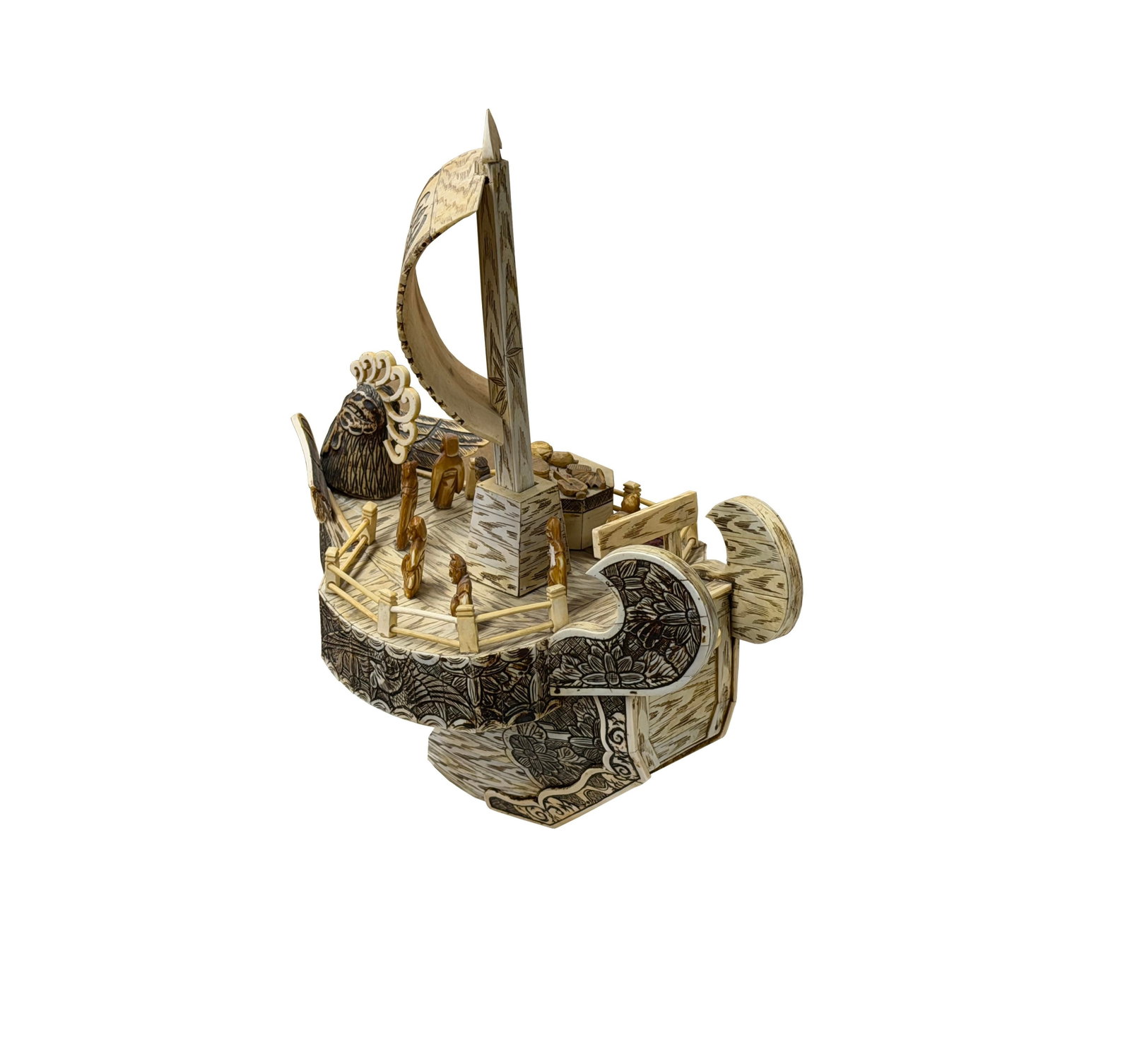 Vintage Asian Cream Bone Inset Treasure Ship Display Art Figure - 3