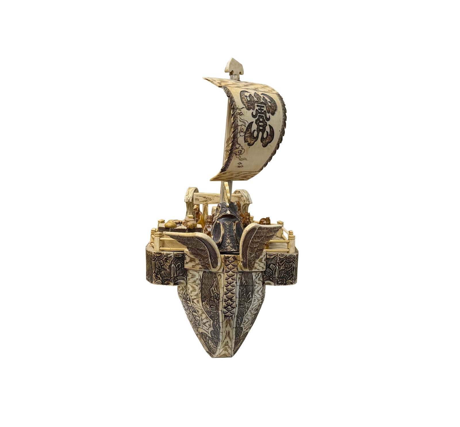 Vintage Asian Cream Bone Inset Treasure Ship Display Art Figure - 4