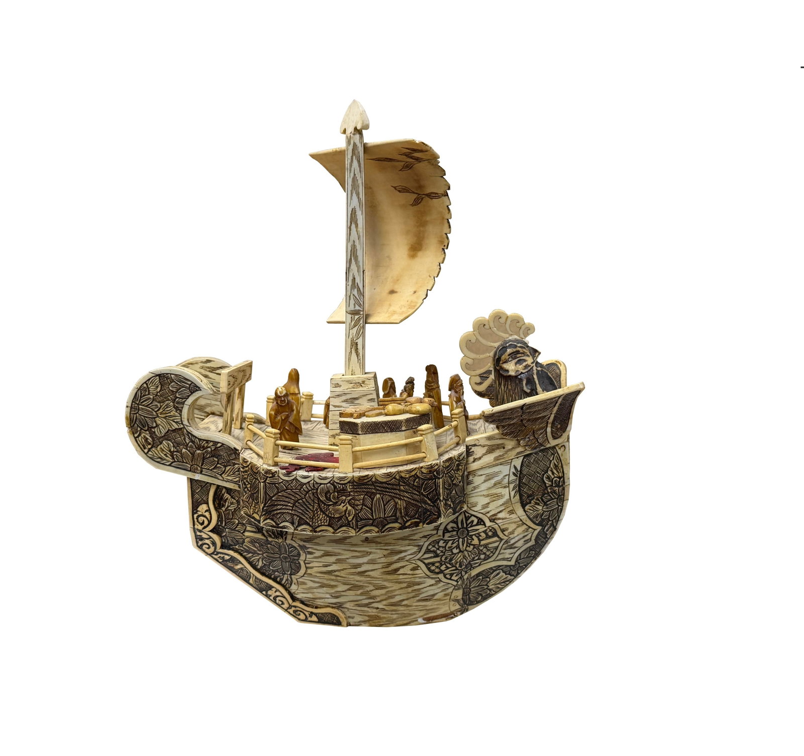 Vintage Asian Cream Bone Inset Treasure Ship Display Art Figure - 5