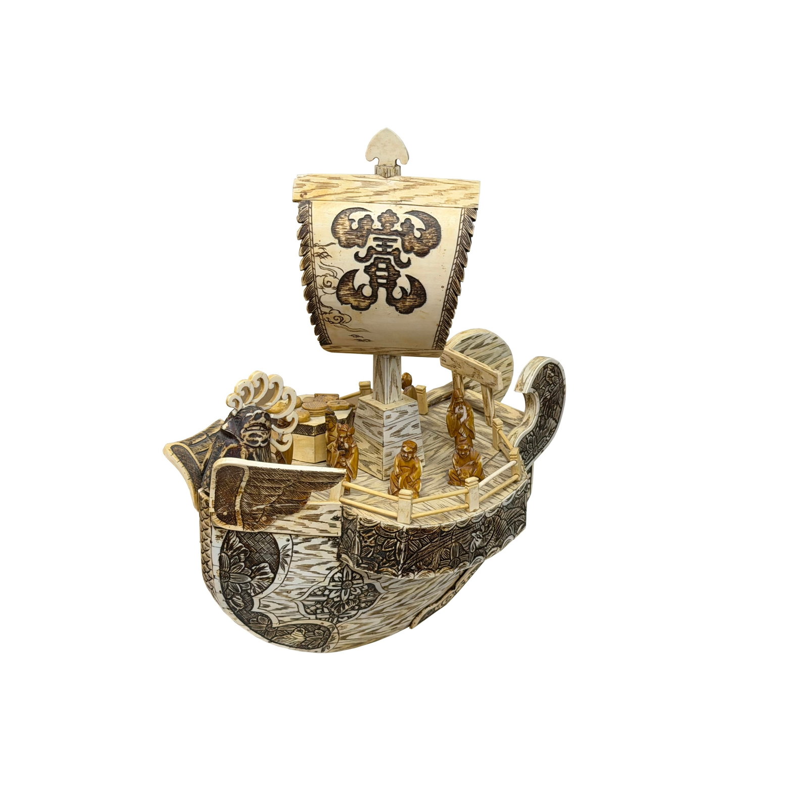 Vintage Asian Cream Bone Inset Treasure Ship Display Art Figure - 6