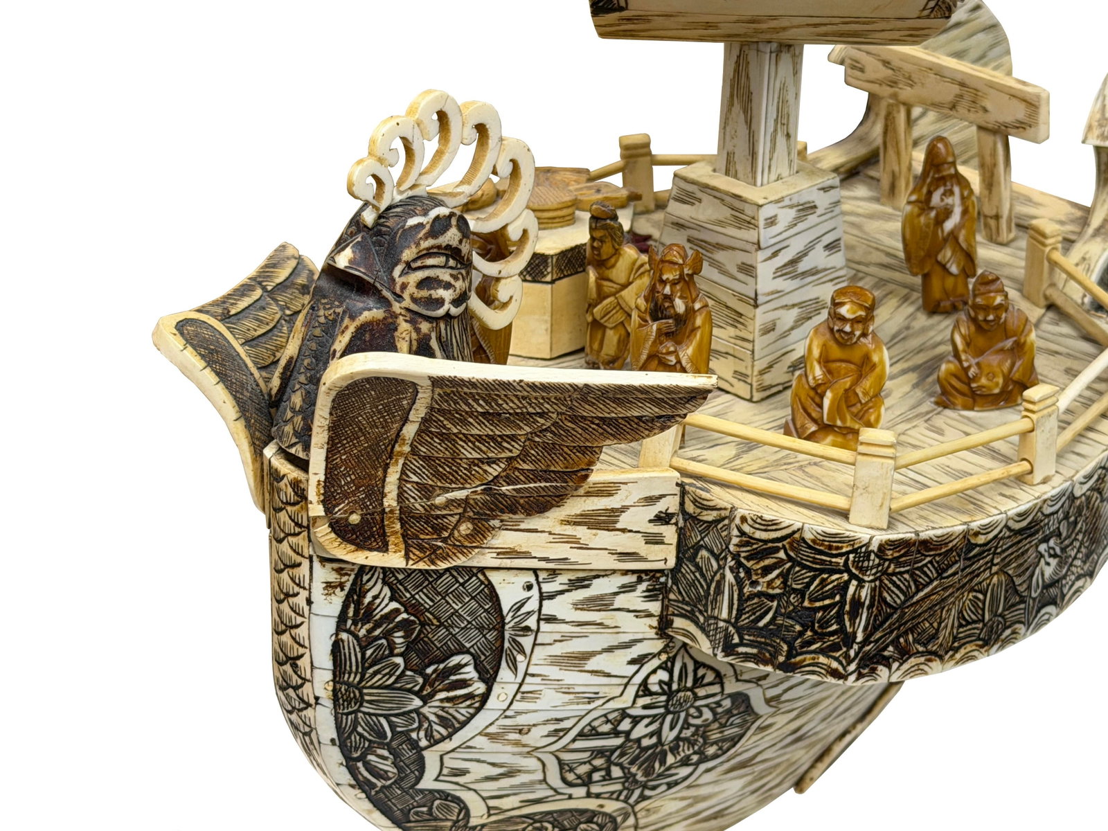 Vintage Asian Cream Bone Inset Treasure Ship Display Art Figure - 8