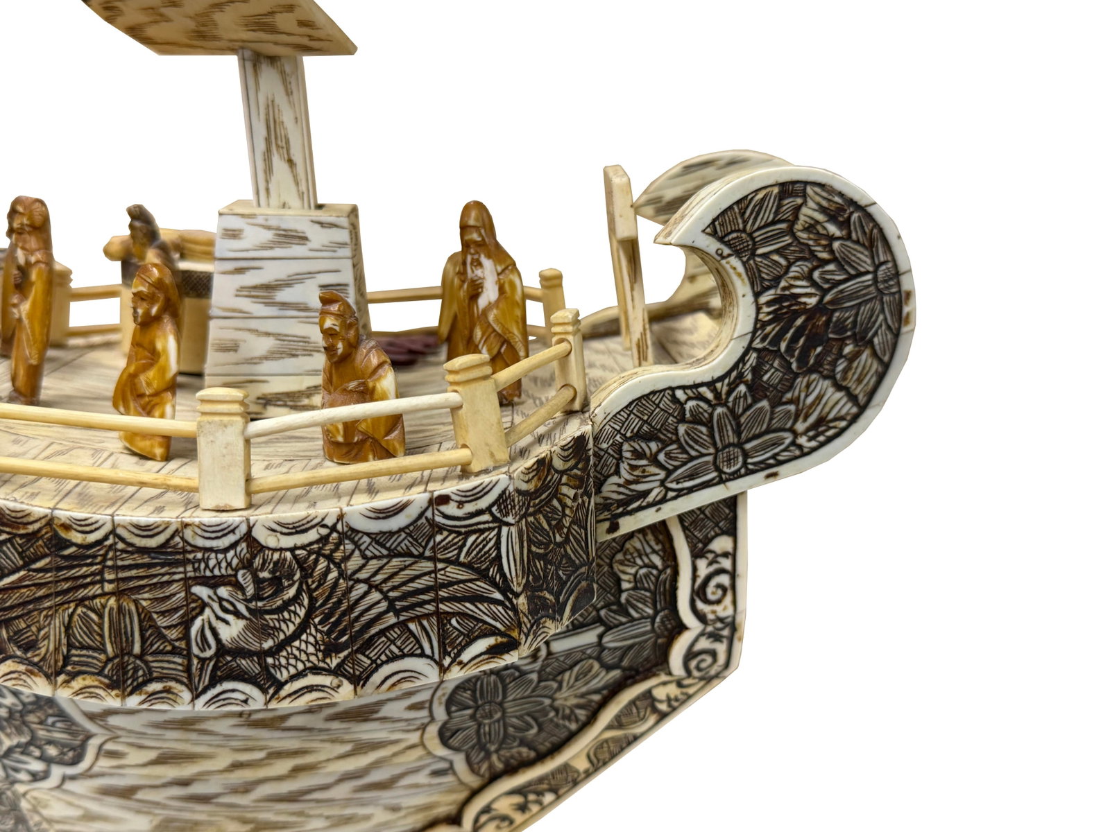 Vintage Asian Cream Bone Inset Treasure Ship Display Art Figure - 9