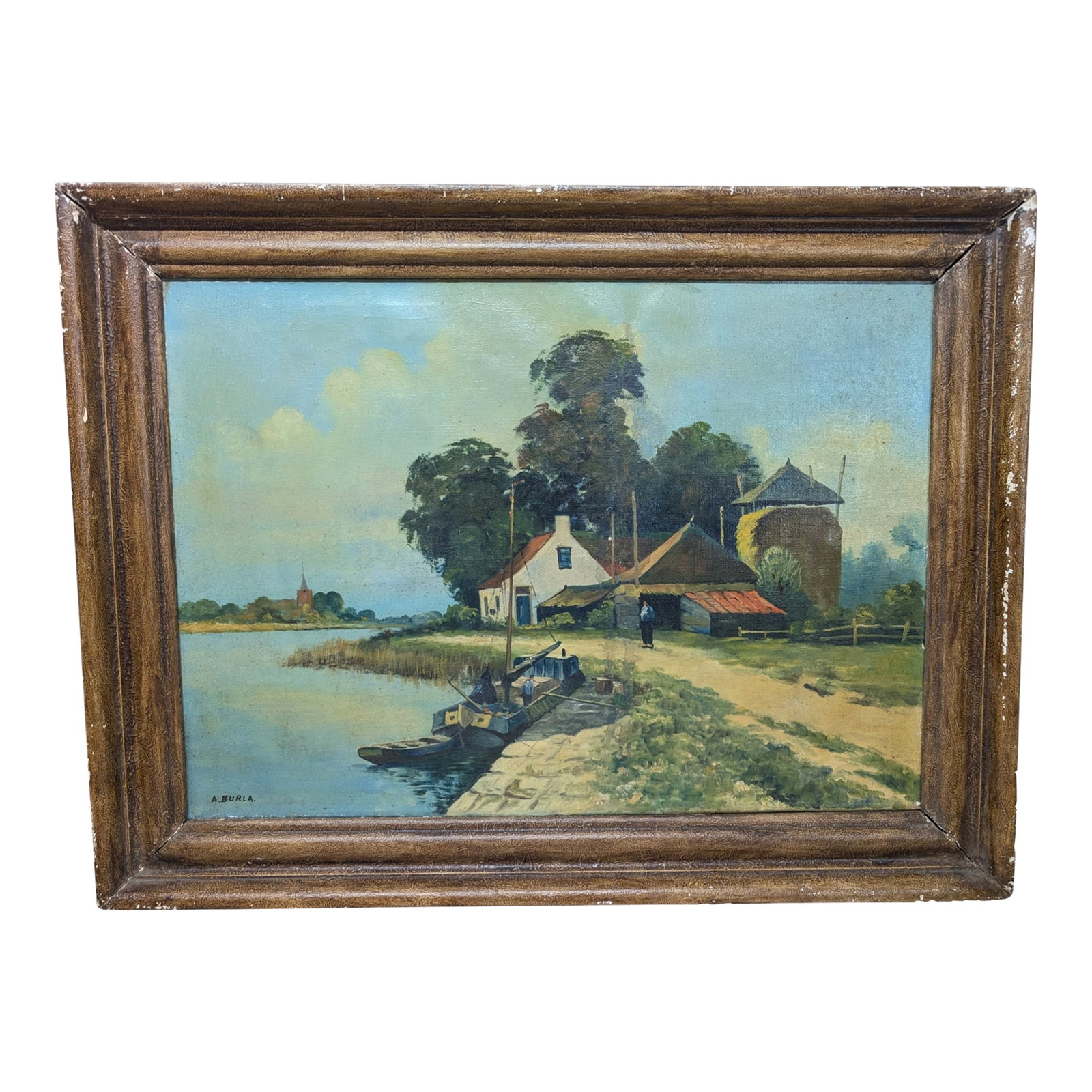 Late 19th Century Dutch Countryside Painting by A. Burla: Wonderful Dutch Countryside painting by A. Burla. The artwork features a serene countryside scene with a windmill, a farmhouse, a canal or river with a small boat, and figures.Â Late 19th