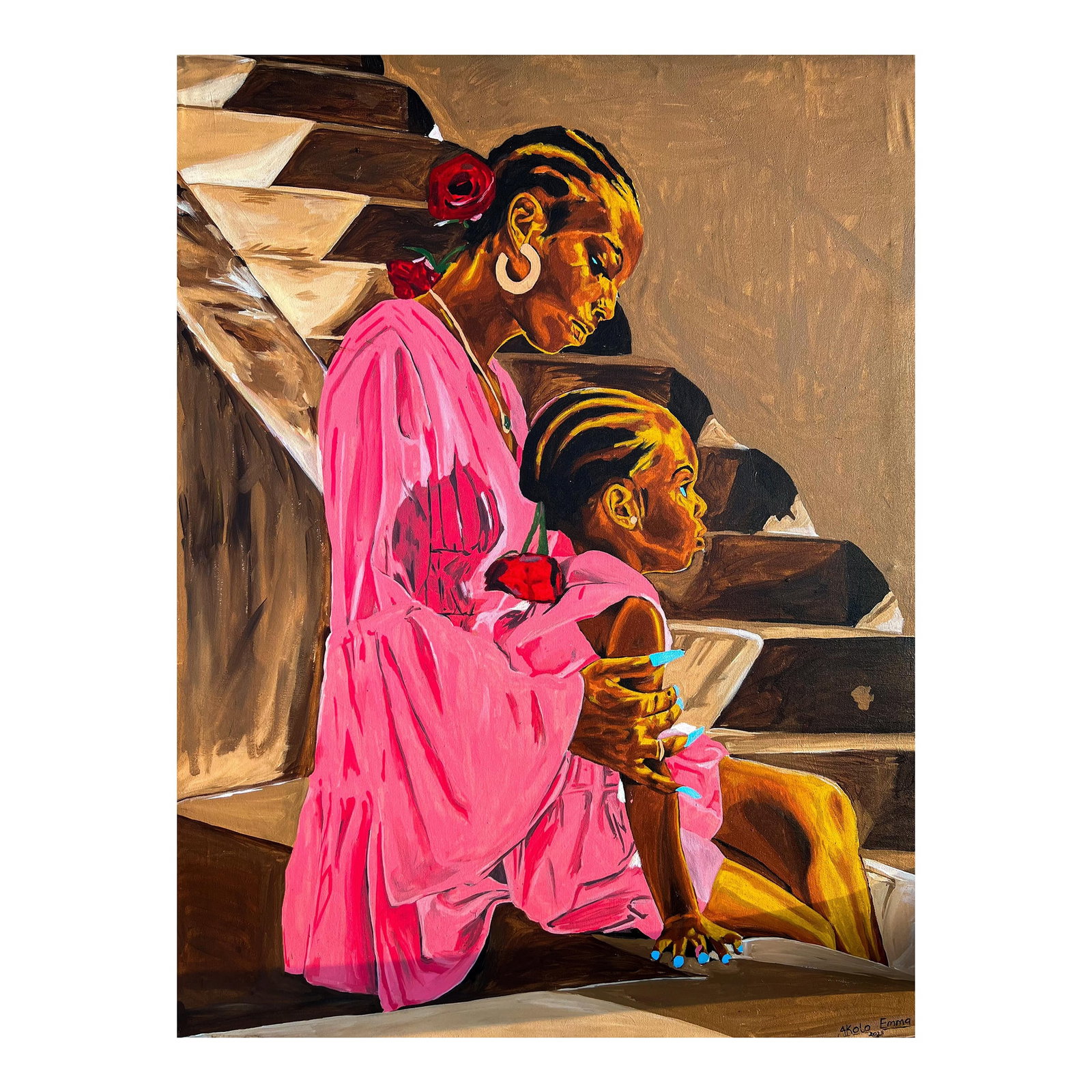 Ma Mere Et Sa Fille Acrylic Painting on Canvas by Emmanuel Akolo: Acrylic Painting On Canvas, Made In Nigeria, 2023 Who fed me from her gentle breast, And hush'd me in her arms to rest, And on my cheek sweet kisses prest? My Mother. When sleep forsook my open eye,