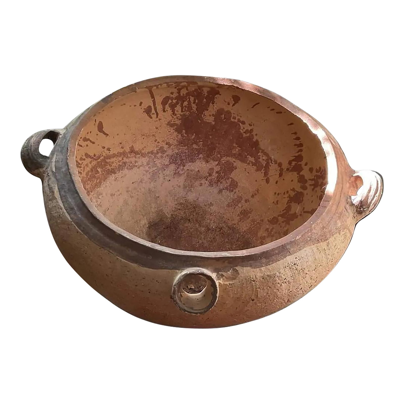 Large Antique Terracotta Vessel With Spout & Handles: Large handmade antique unglazed terracotta vessel with spout and handles used probably for rainwater collection, later for decorative purposes or as planters. Some scuffs, marks and cracks in