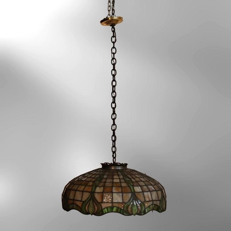 1910s Duffner & Kimberly Attr Arts & Crafts Leaded Stained Glass Hanging Light - 11