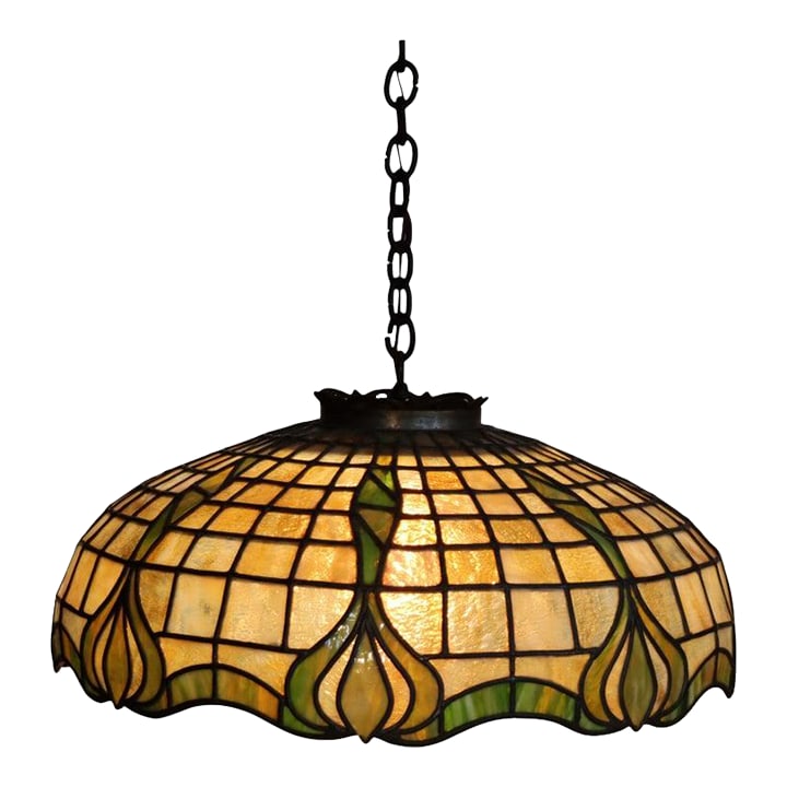 1910s Duffner & Kimberly Attr Arts & Crafts Leaded Stained Glass Hanging Light: A fine example of American Arts & Crafts design, this antique hanging dome light is attributed to the renowned firm of Duffner & Kimberly, dating to approximately 1920. This fixture features a