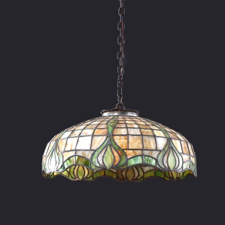 1910s Duffner & Kimberly Attr Arts & Crafts Leaded Stained Glass Hanging Light - 2