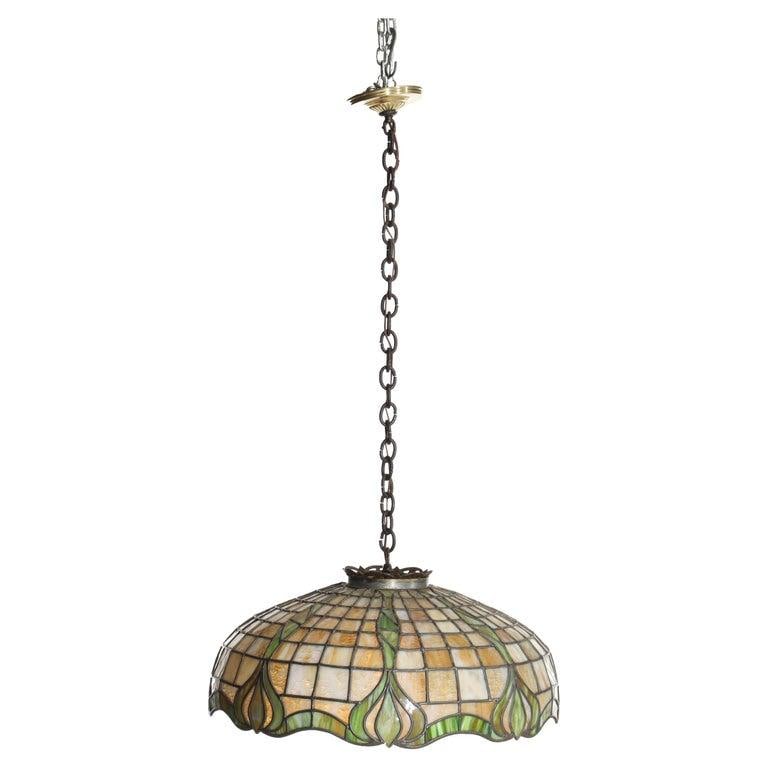 1910s Duffner & Kimberly Attr Arts & Crafts Leaded Stained Glass Hanging Light - 3