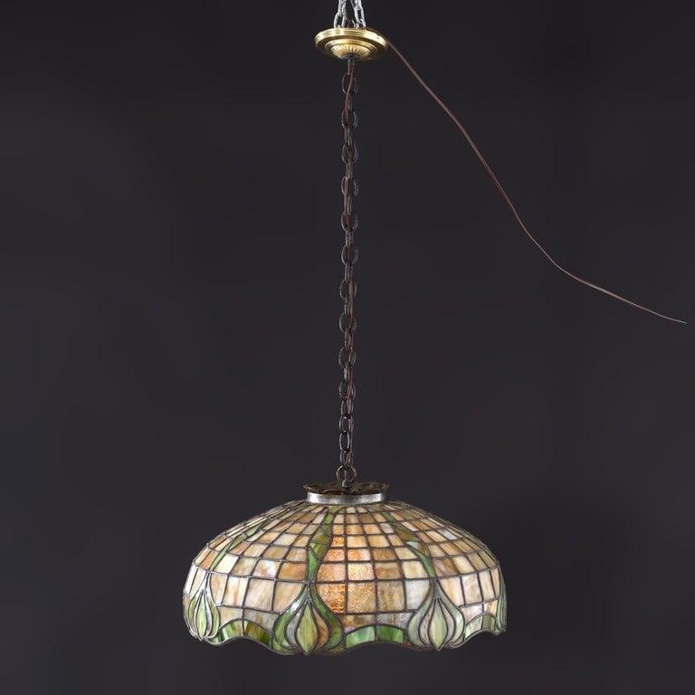 1910s Duffner & Kimberly Attr Arts & Crafts Leaded Stained Glass Hanging Light - 5