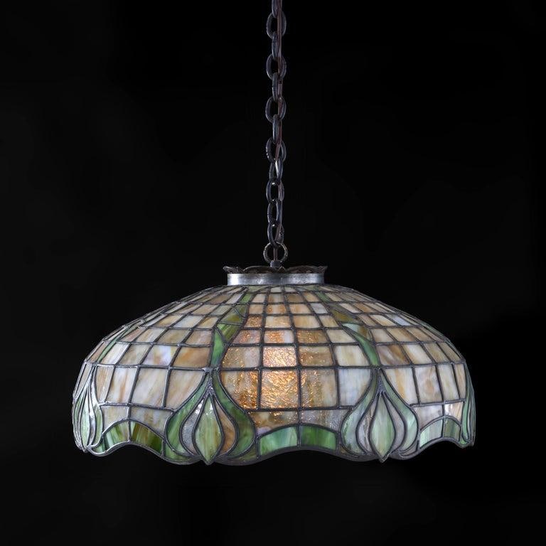 1910s Duffner & Kimberly Attr Arts & Crafts Leaded Stained Glass Hanging Light - 6