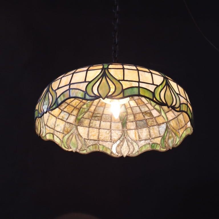 1910s Duffner & Kimberly Attr Arts & Crafts Leaded Stained Glass Hanging Light - 8