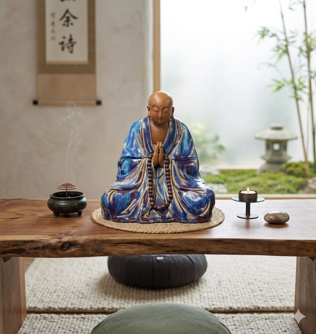Fine Chinese Shiwan-Style Ceramic Luohan Amitabha in Deep Sea Glaze - 13