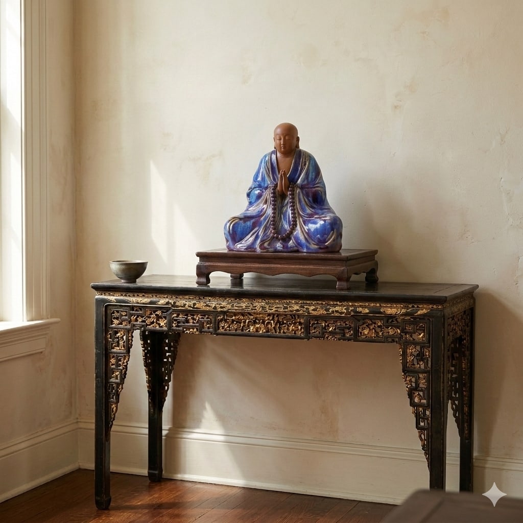 Fine Chinese Shiwan-Style Ceramic Luohan Amitabha in Deep Sea Glaze - 6