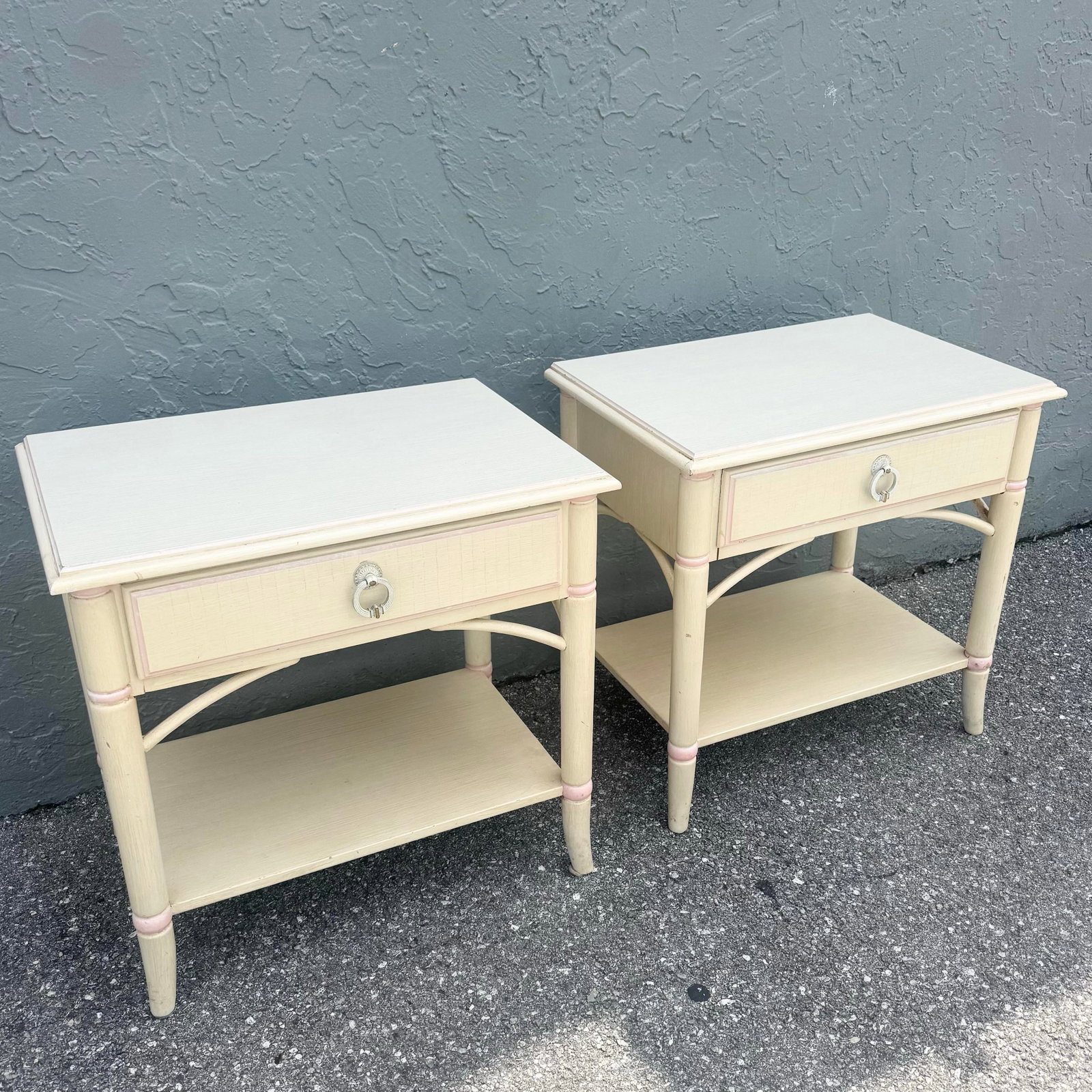 Vintage Coastal Faux Bamboo Cream and Pink Nightstands by Thomasville - A Pair - 2