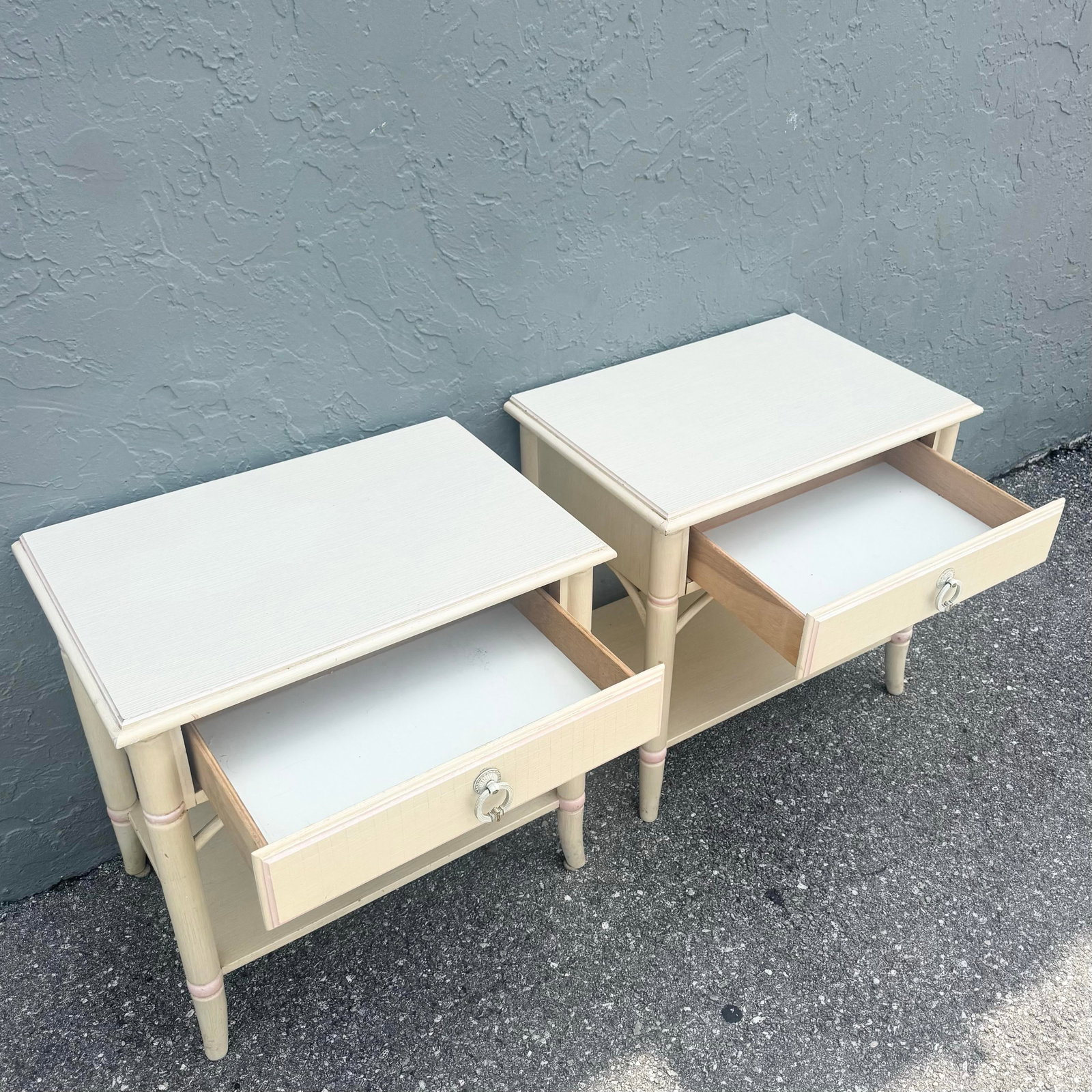 Vintage Coastal Faux Bamboo Cream and Pink Nightstands by Thomasville - A Pair - 3
