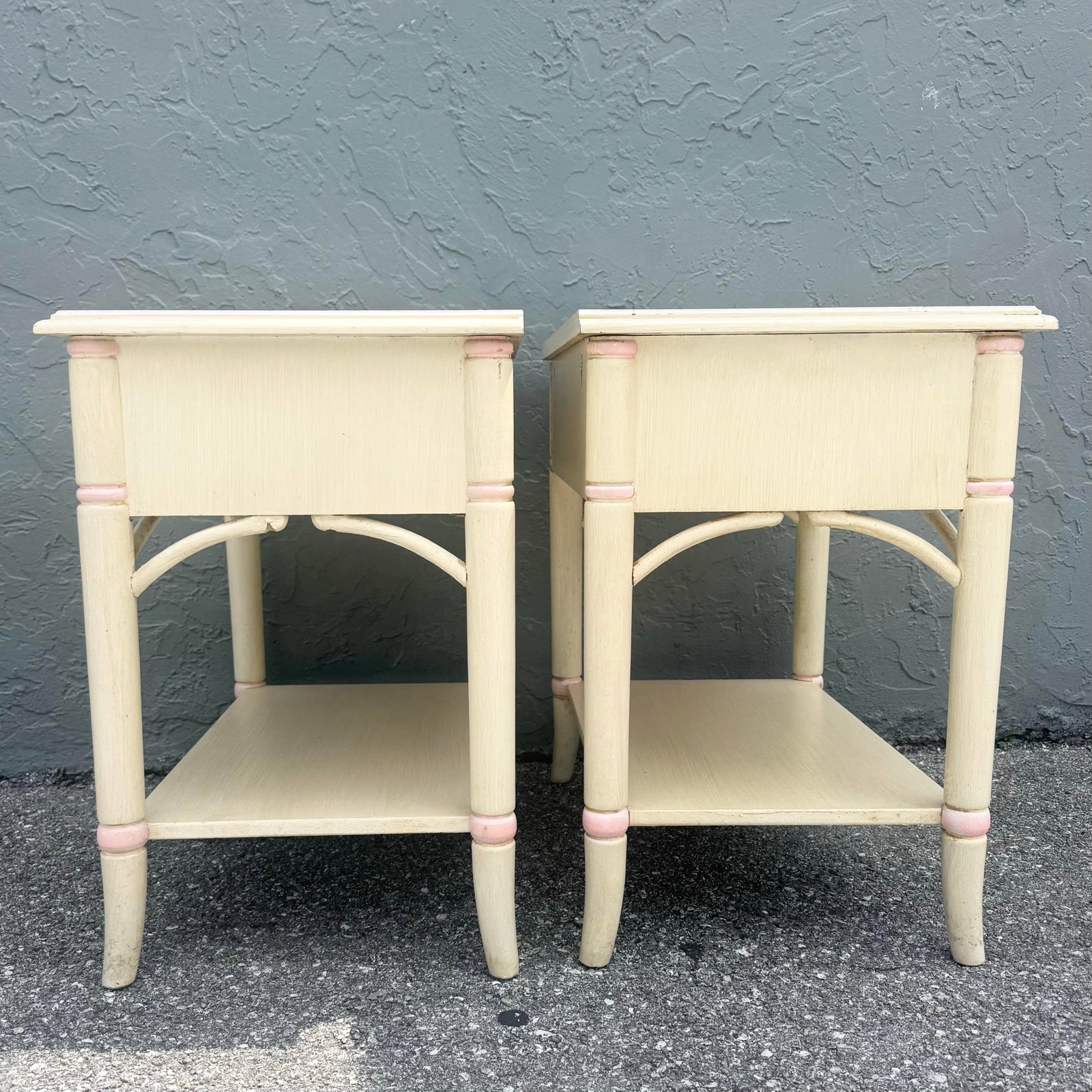 Vintage Coastal Faux Bamboo Cream and Pink Nightstands by Thomasville - A Pair - 5