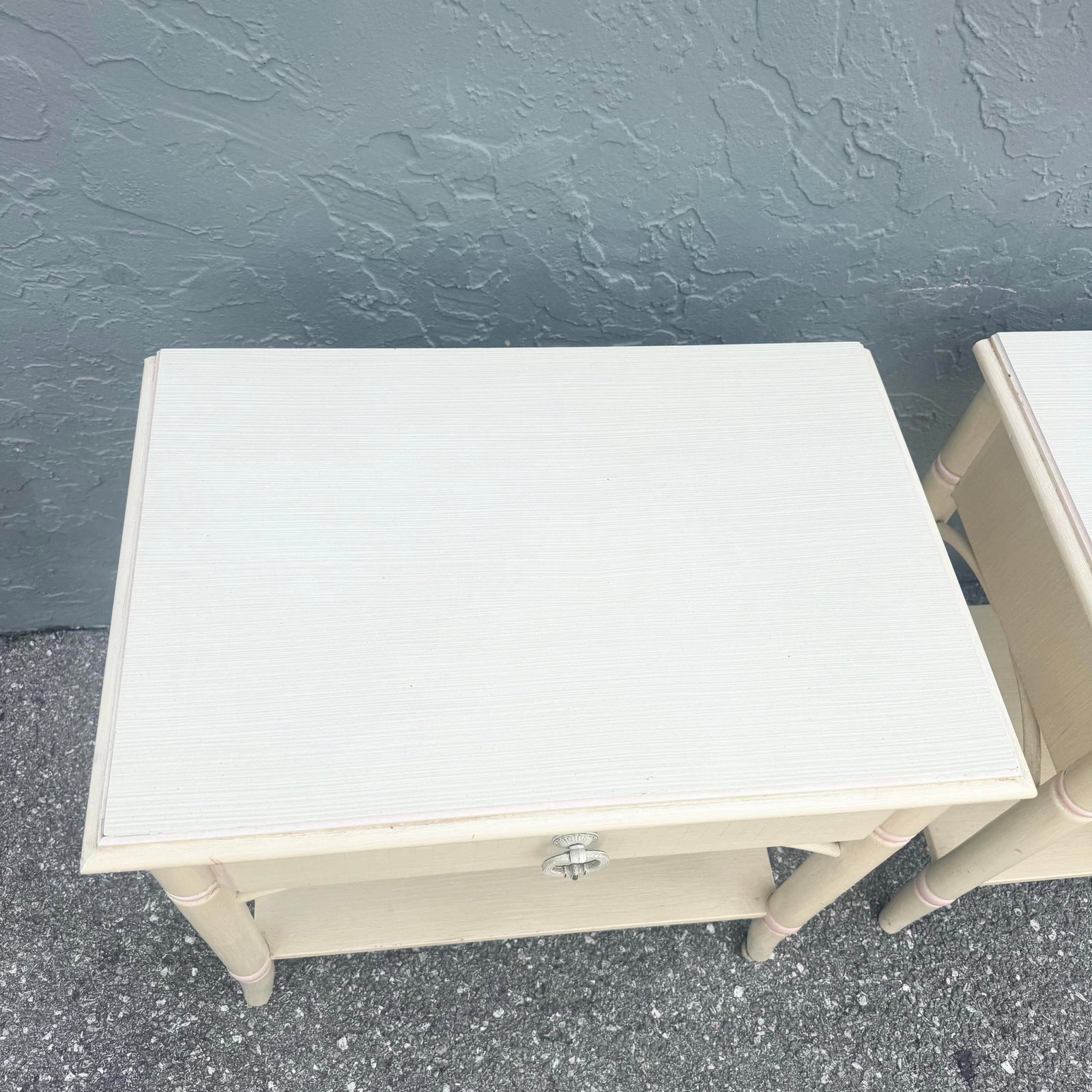 Vintage Coastal Faux Bamboo Cream and Pink Nightstands by Thomasville - A Pair - 7