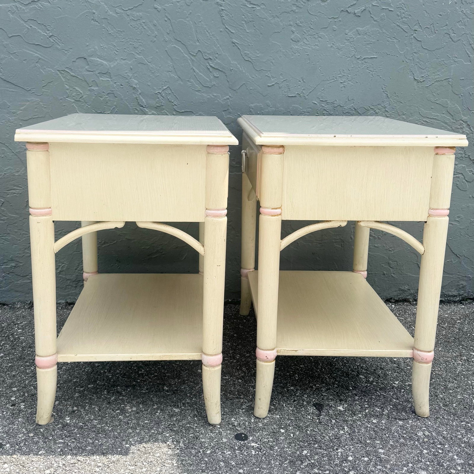 Vintage Coastal Faux Bamboo Cream and Pink Nightstands by Thomasville - A Pair - 8