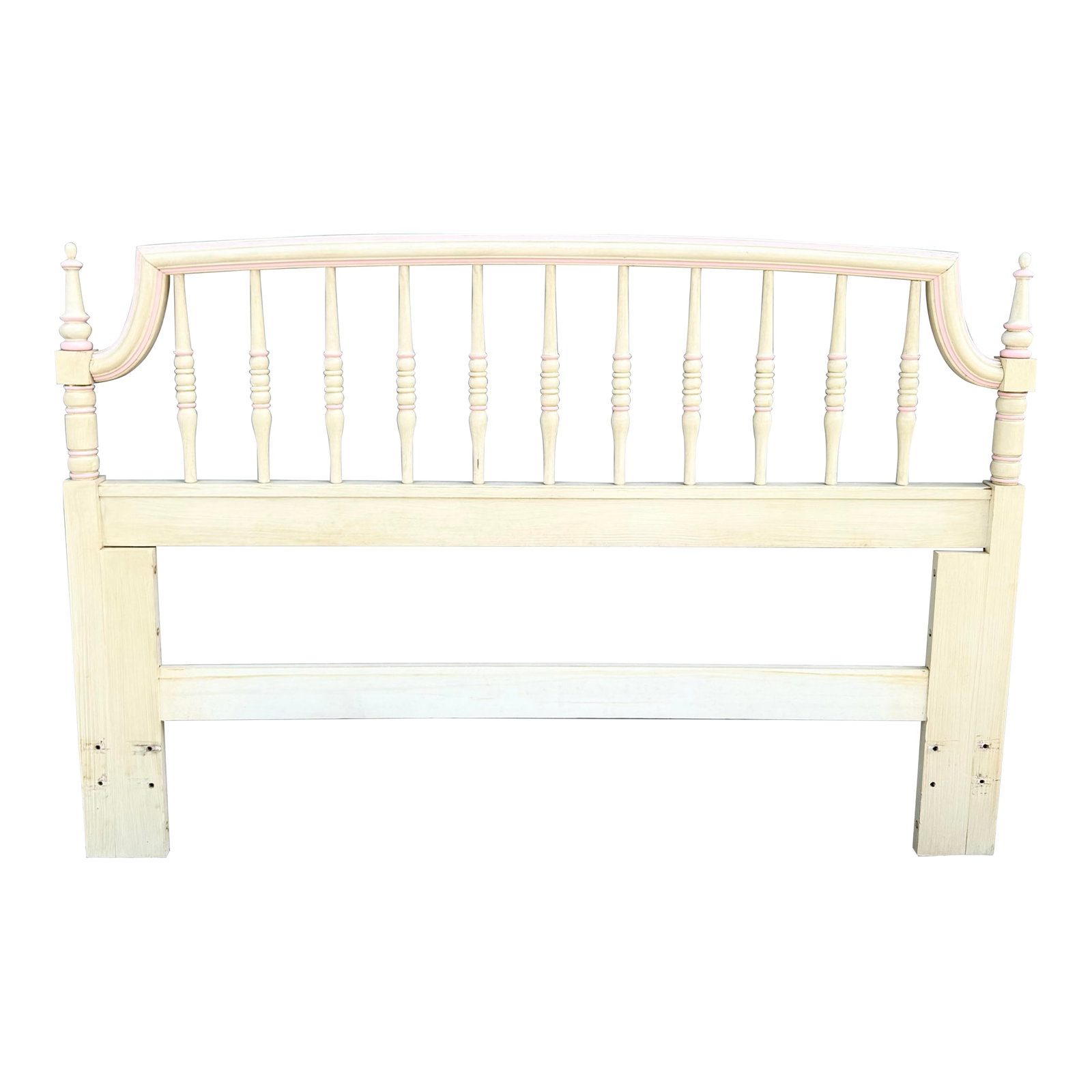 Vintage Coastal Cream and Pink Queen Size Headboard by Thomasville: A charming vintage Thomasville queen-size headboard, beautifully finished in a soft coastal cream with delicate blush pink accents that add subtle warmth and elegance. Its graceful arched silhouette,