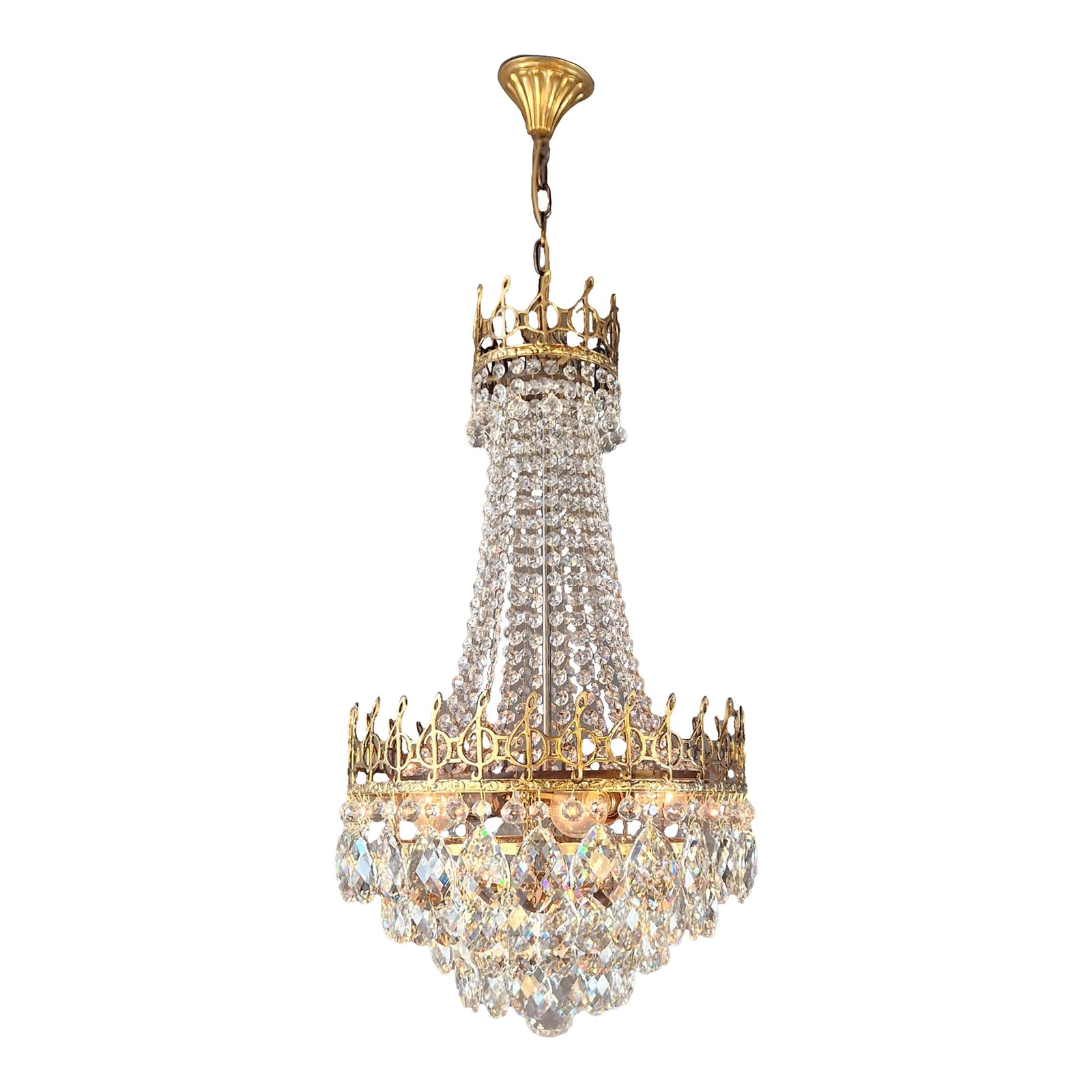 Antique Chandelier With Musical Motif Empire Historicism Style Brass Gold: Antique Chandelier with Musical Motif – Empire / Historicism Style An exceptional brass and crystal chandelier featuring decorative gallery elements inspired by musical notes. The unusual