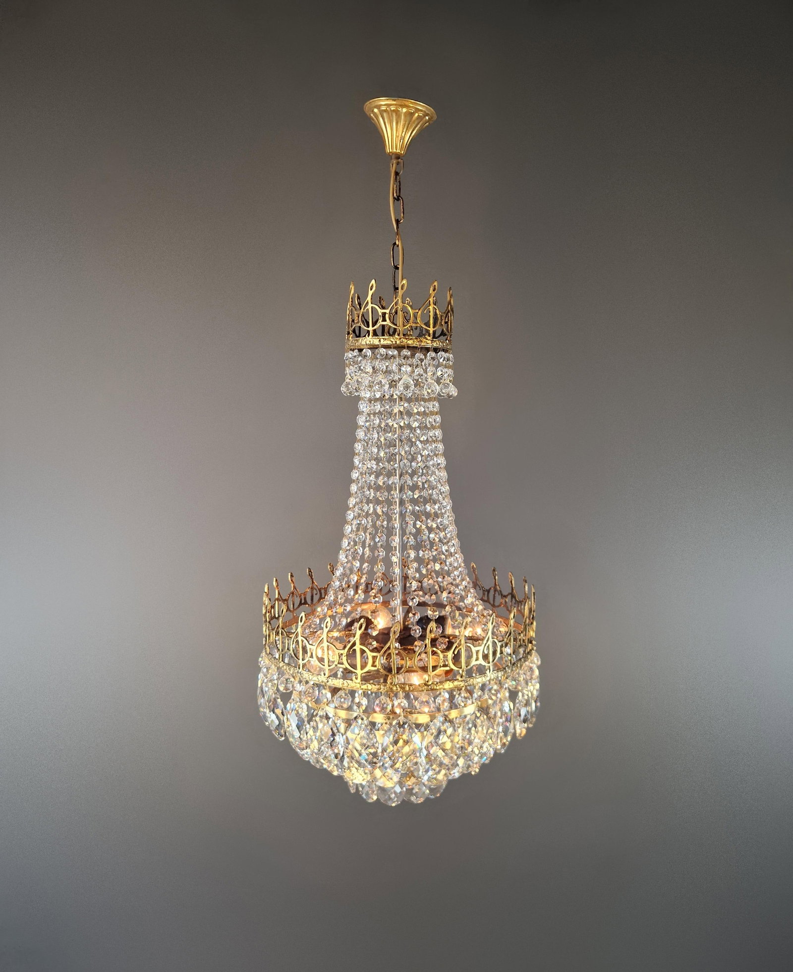 Antique Chandelier With Musical Motif Empire Historicism Style Brass Gold - 5