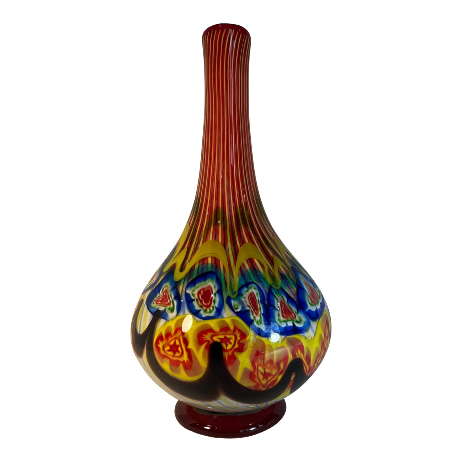 18 Inch Tall Mid-Century Murano Millefiori Polychrome Art Glass Vase: This mid"‘century Murano art glass vase is an exceptional example of Venetian craftsmanship, standing an impressive 17Â¼ inches tall and 9Â½ inches wide. Its tall, tapering