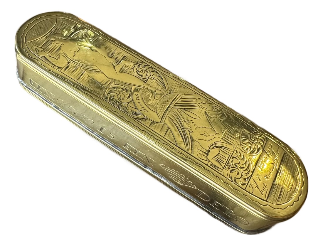 18th Century Dutch Brass Tobacco Box: Scandalous Lovers Scene: The style of this Dutch brass tobacco box was popular in the mid 1700s. The engraving is beautiful and the scandalous sneaky lovers scene comes with a (loosely translated) warning: "The fate of a hidd