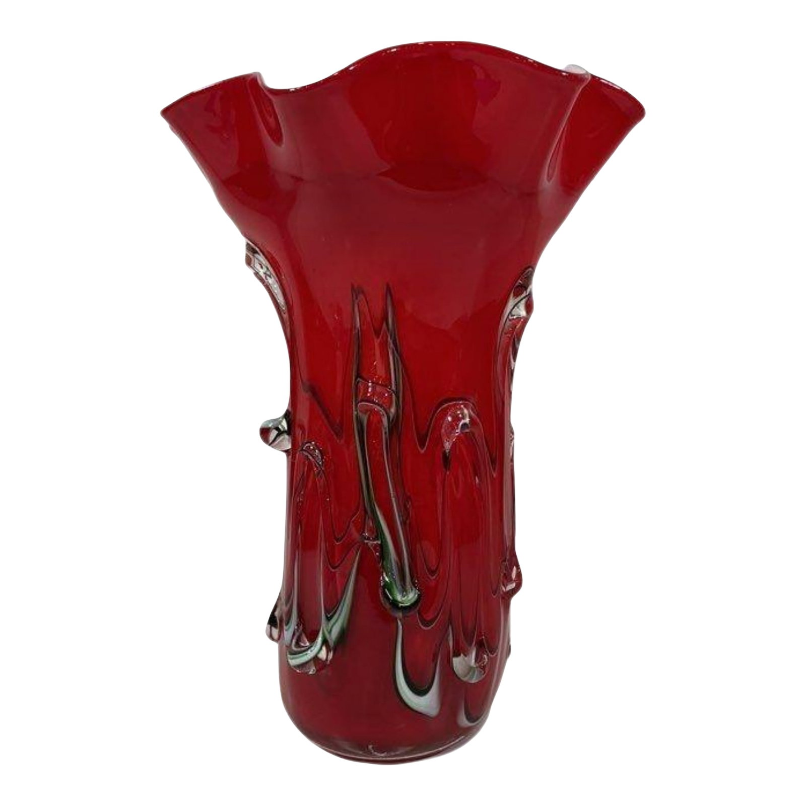 Vintage Fazzoletto Murano Textured Red Art Glass Vase: This vintage Murano vase stands 12 inches tall and 9 inches wide, with a full cylindrical body that rises into a wide, softly flared fazzoletto rim. The red glass has a warm, glowing depth, shifting