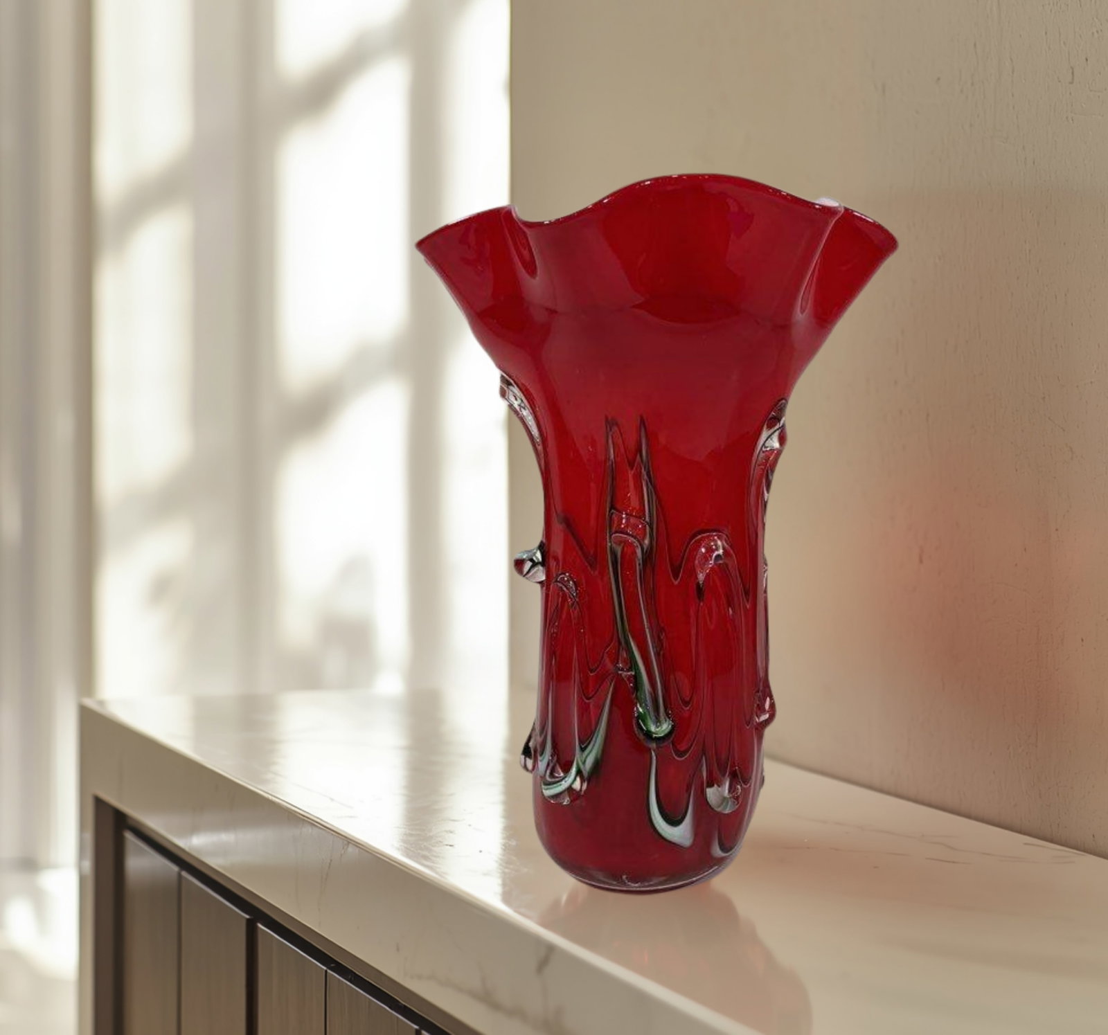 Vintage Fazzoletto Murano Textured Red Art Glass Vase - 8
