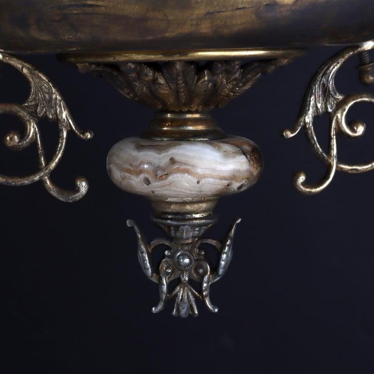 Late 19th Century Victorian Brass, Bronze & Crystal Chandelier With Peachblow Hobnail Glass Shade - 10