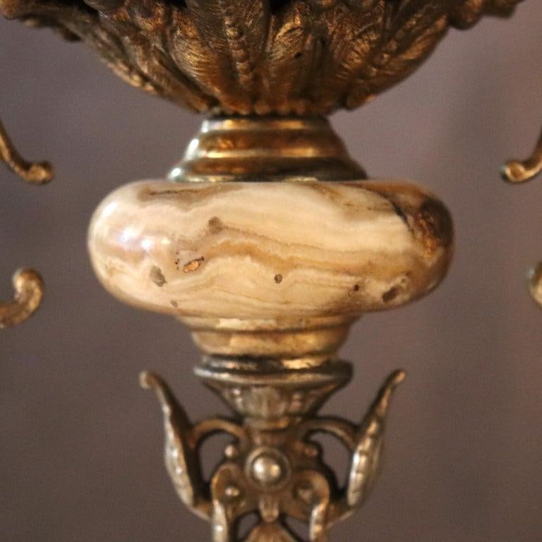 Late 19th Century Victorian Brass, Bronze & Crystal Chandelier With Peachblow Hobnail Glass Shade - 14