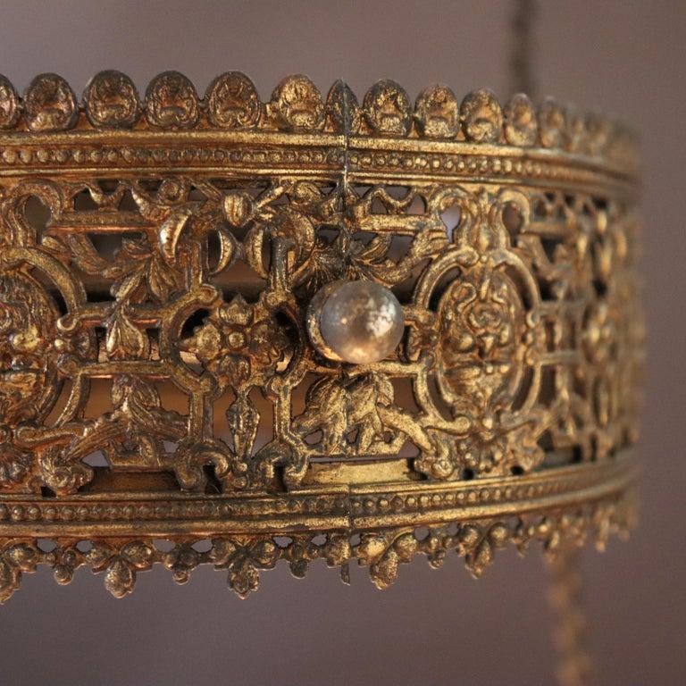 Late 19th Century Victorian Brass, Bronze & Crystal Chandelier With Peachblow Hobnail Glass Shade - 15