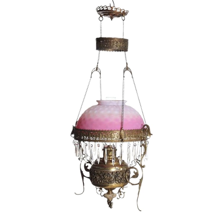 Late 19th Century Victorian Brass, Bronze & Crystal Chandelier With Peachblow Hobnail Glass Shade: A Victorian hanging chandelier, crafted circa 1880 from a combination of brass and bronze, features a distinctive peachblow hobnail glass shade. The metalwork displays ornate casting with intricate