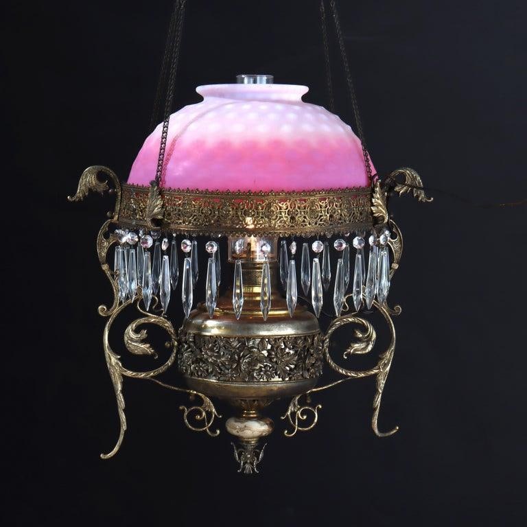 Late 19th Century Victorian Brass, Bronze & Crystal Chandelier With Peachblow Hobnail Glass Shade - 2