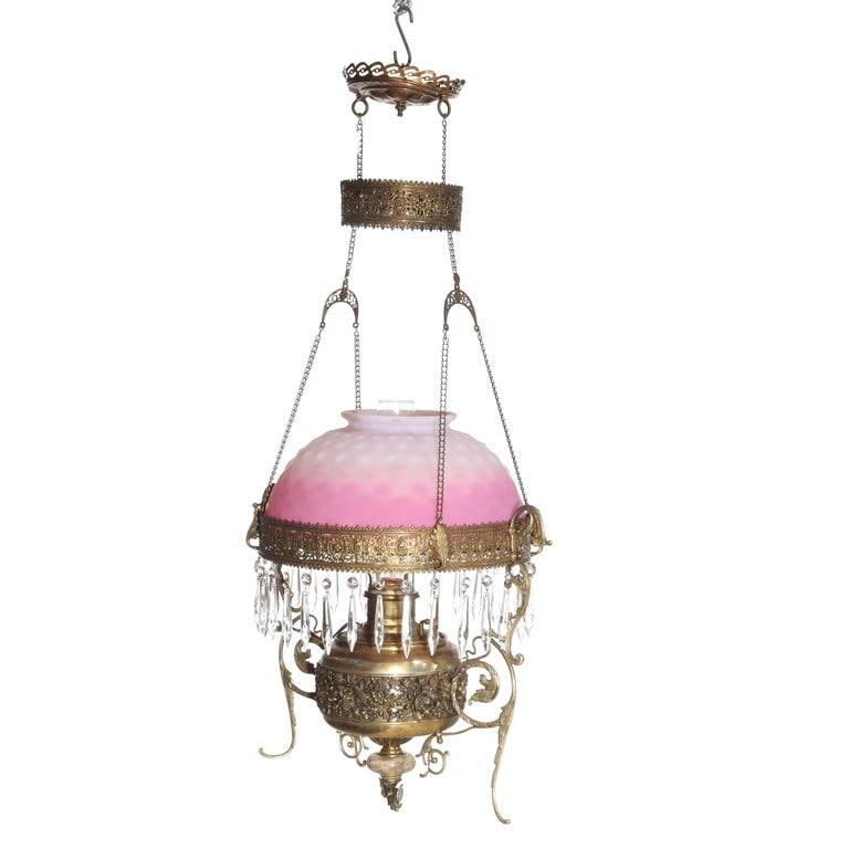 Late 19th Century Victorian Brass, Bronze & Crystal Chandelier With Peachblow Hobnail Glass Shade - 3