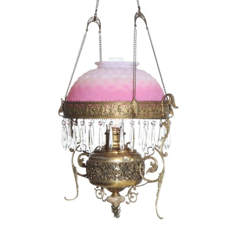 Late 19th Century Victorian Brass, Bronze & Crystal Chandelier With Peachblow Hobnail Glass Shade - 4