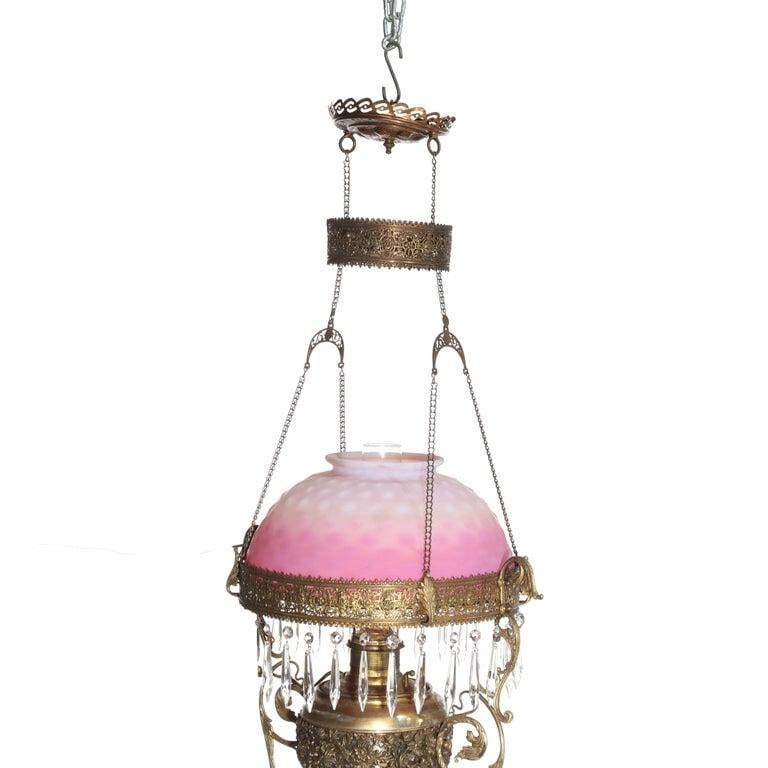 Late 19th Century Victorian Brass, Bronze & Crystal Chandelier With Peachblow Hobnail Glass Shade - 5