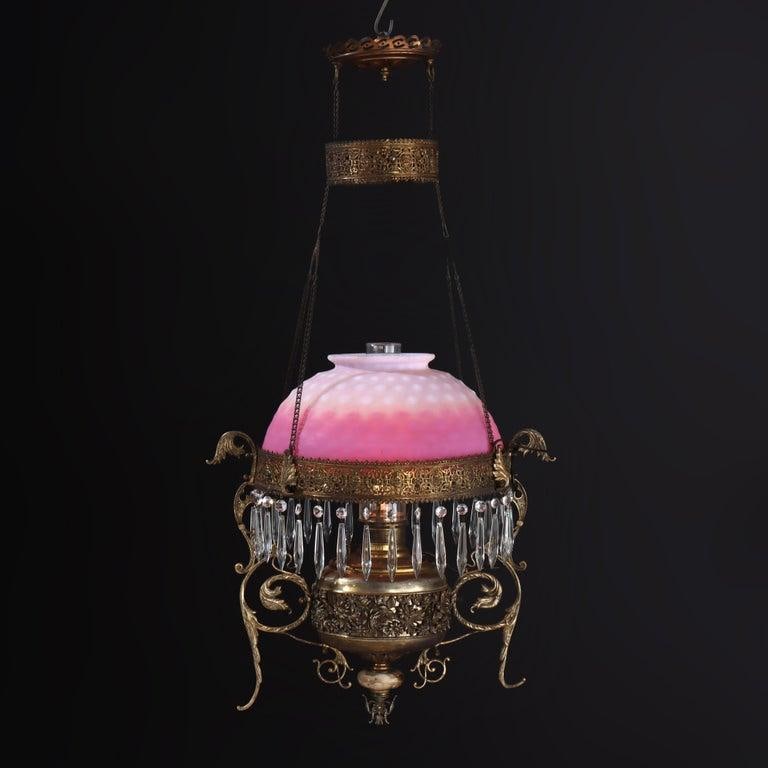 Late 19th Century Victorian Brass, Bronze & Crystal Chandelier With Peachblow Hobnail Glass Shade - 6