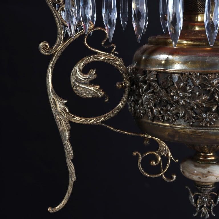 Late 19th Century Victorian Brass, Bronze & Crystal Chandelier With Peachblow Hobnail Glass Shade - 7